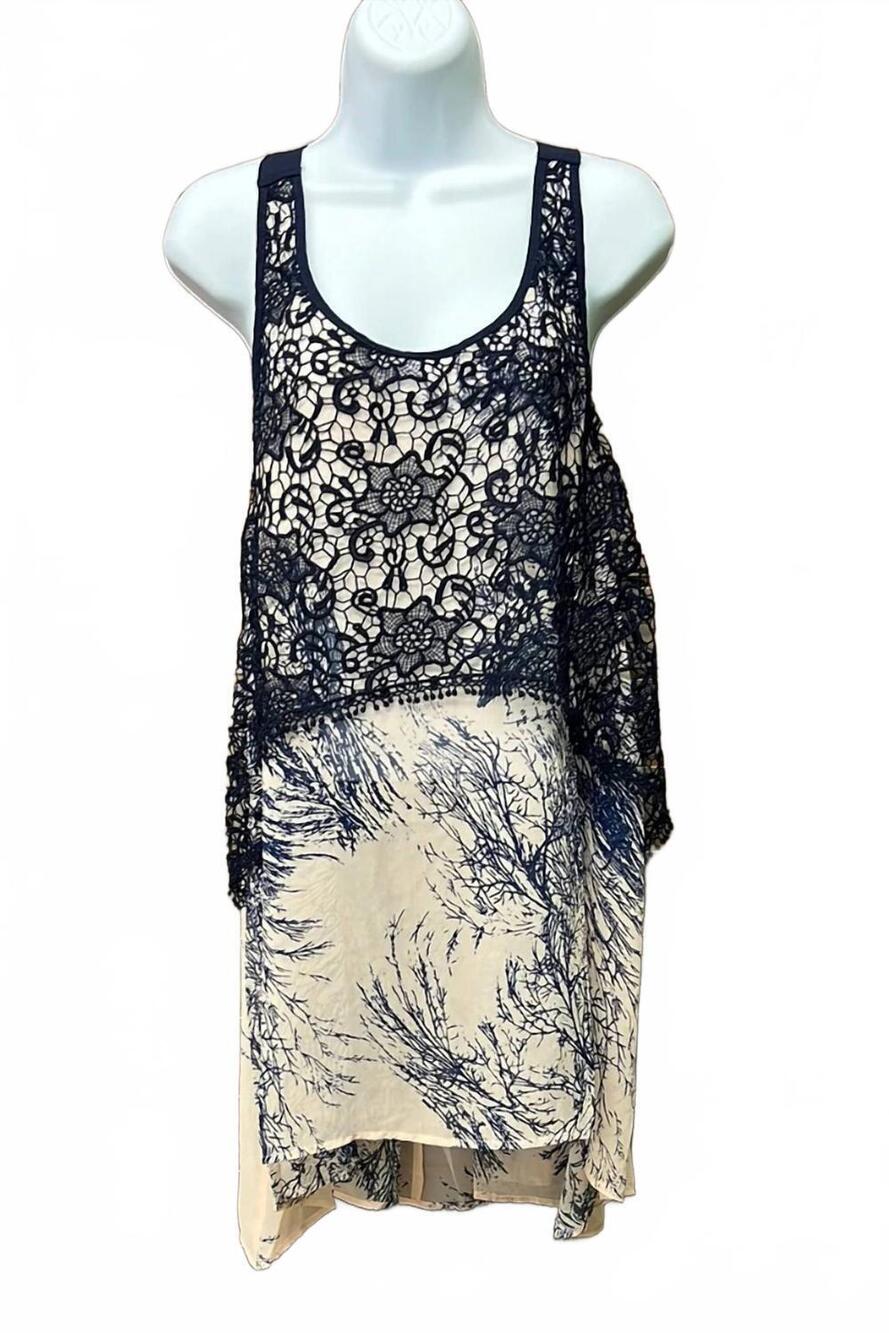 NEW RYU women's floral lace tie back long tank top in blue